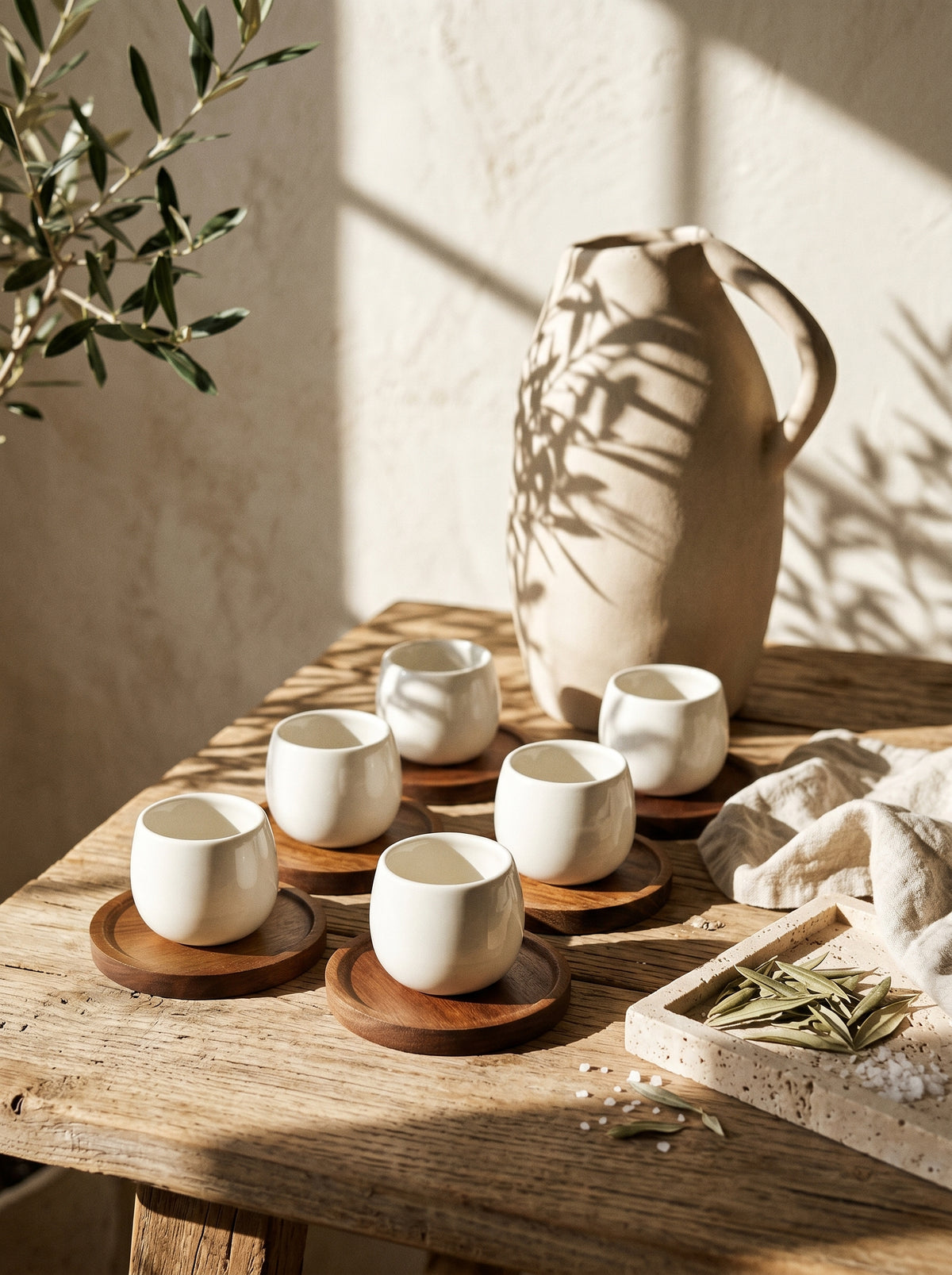 Service à café Egg Wood, Tasses 80 ml avec support bois, mise en scène sur une table dressée – Maison Azuria