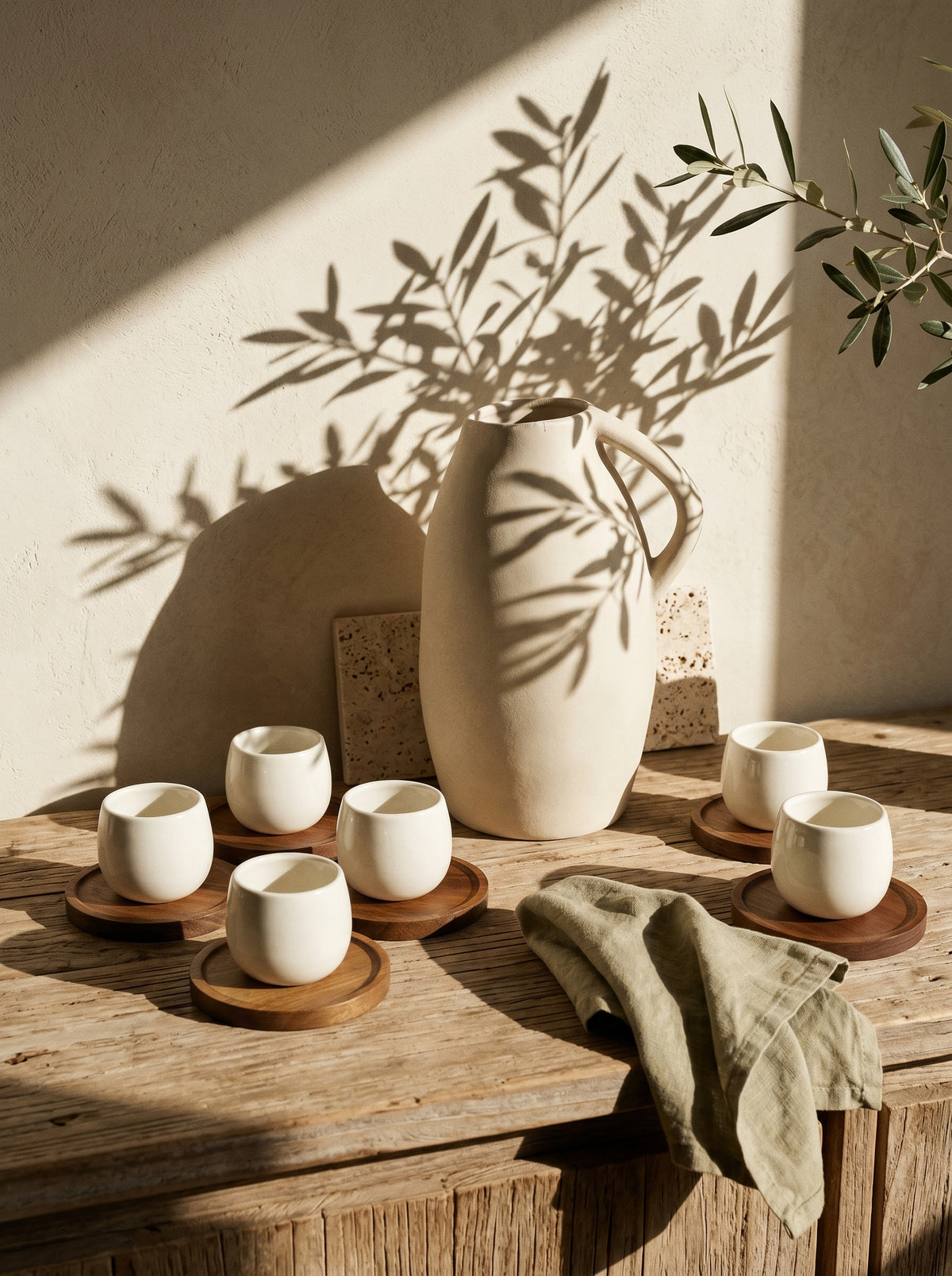 Service à café Egg Wood, Tasses 80 ml avec support bois, en situation, lumière naturelle – Maison Azuria
