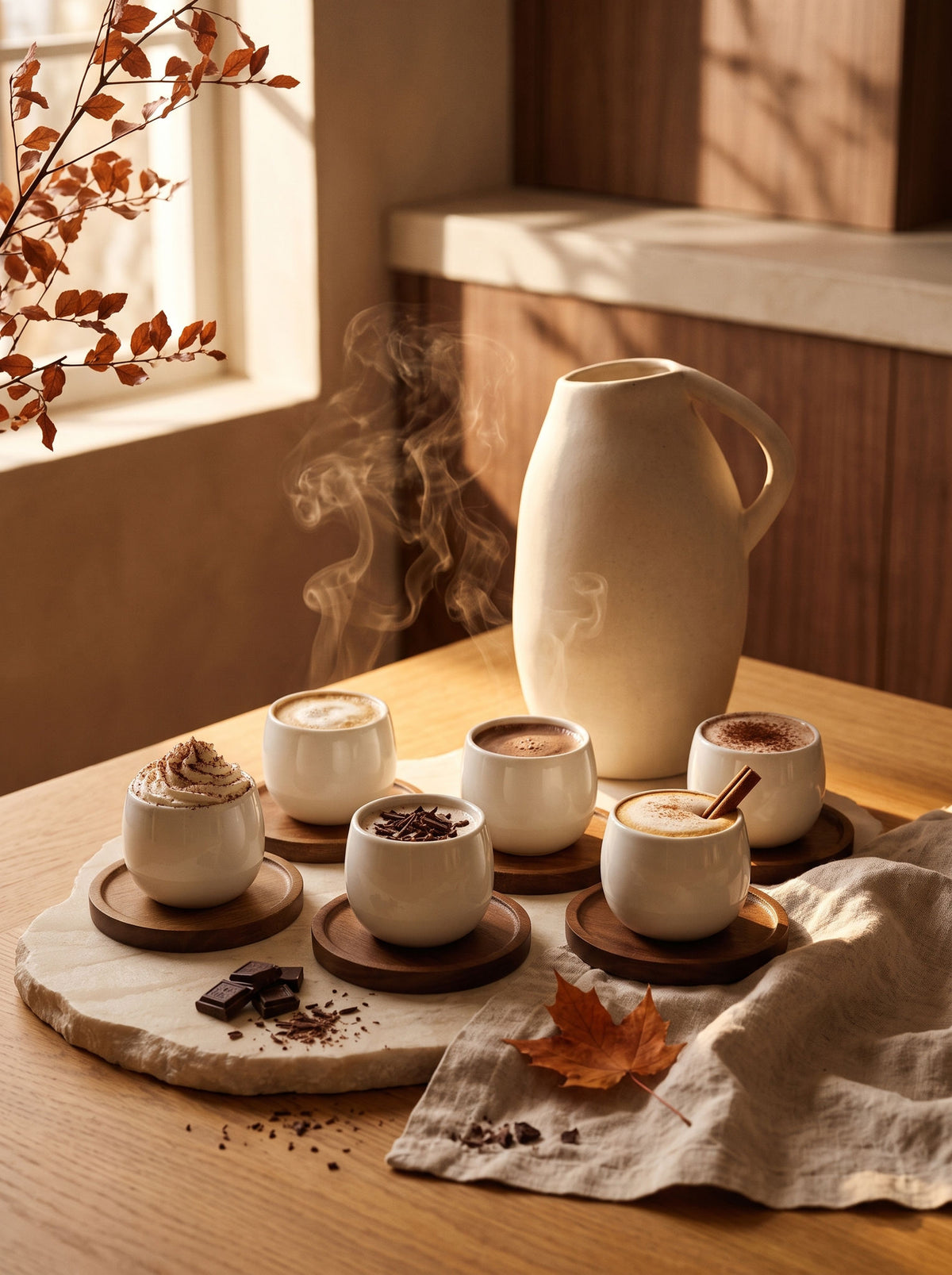 Service à café Egg Wood, Tasses 80 ml avec support bois, sur une table d'automne dressée – Maison Azuria [AH]