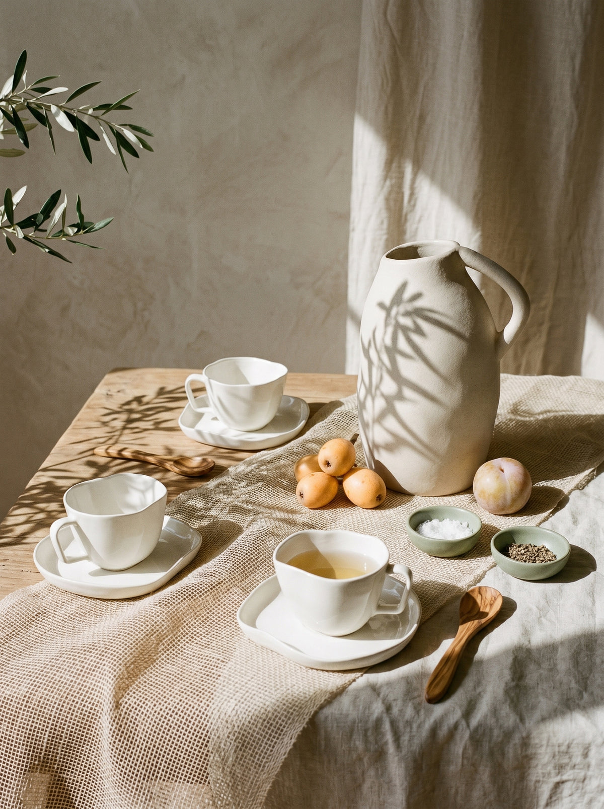 Service à café New Capital, Tasses 120 ml, mise en scène sur une table dressée – Maison Azuria