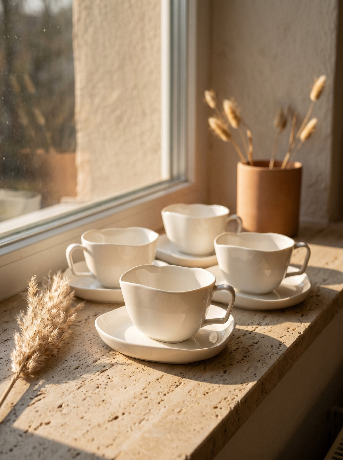 Service à café New Capital, Tasses 200 ml, mise en scène sur une table dressée – Maison Azuria