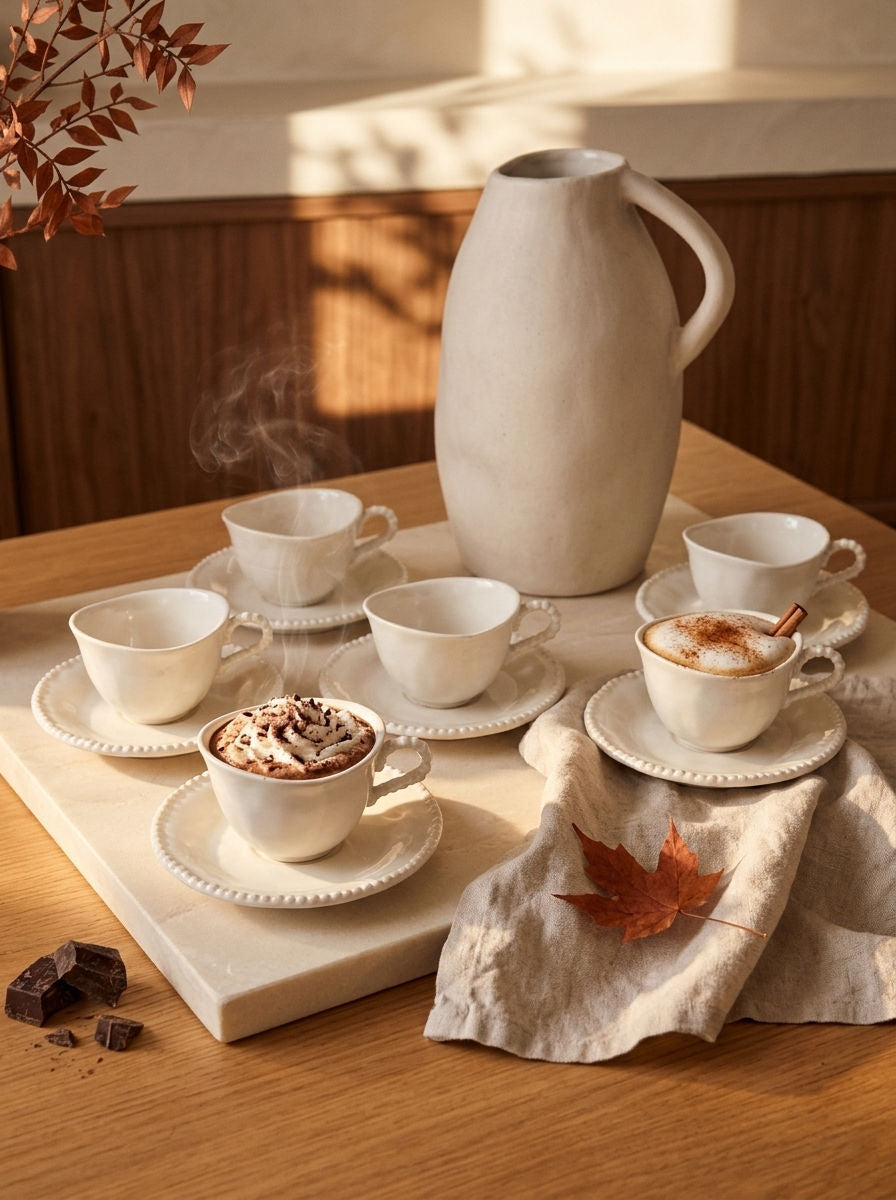 Service à café Pearl Coffee, Tasses 120 ml, sur une table d'automne dressée – Maison Azuria [AH]