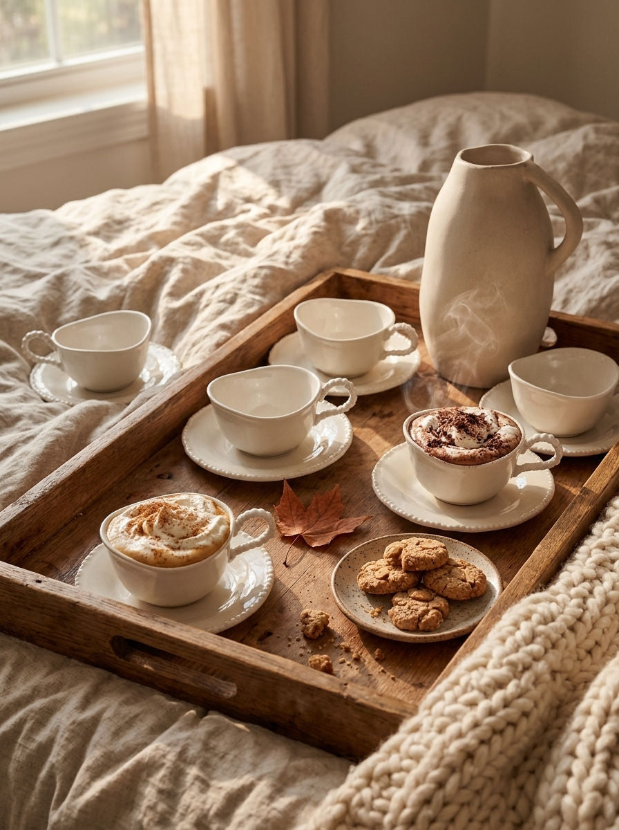 Service à café Pearl Coffee, Tasses 200 ml, sur une table d'automne dressée – Maison Azuria [AH]