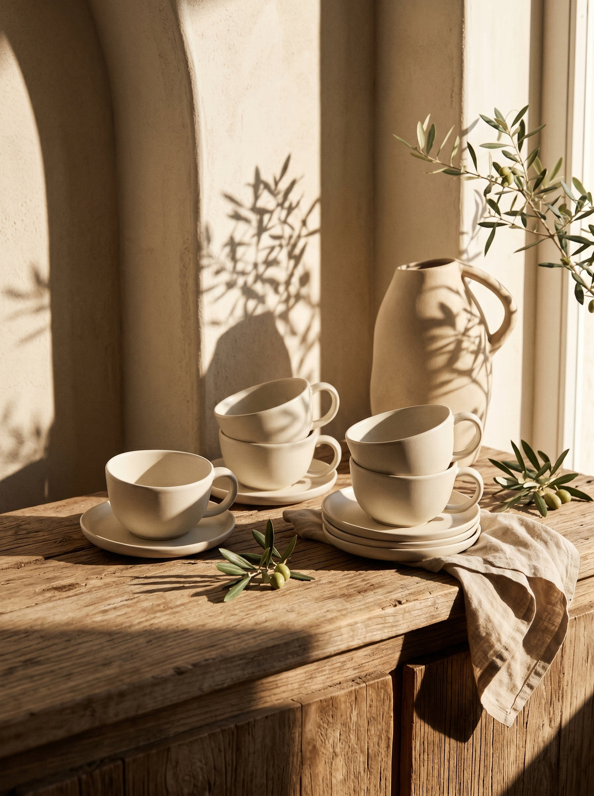 Service à café Smile Coffee, Tasses 200 ml, mise en scène sur une table dressée – Maison Azuria