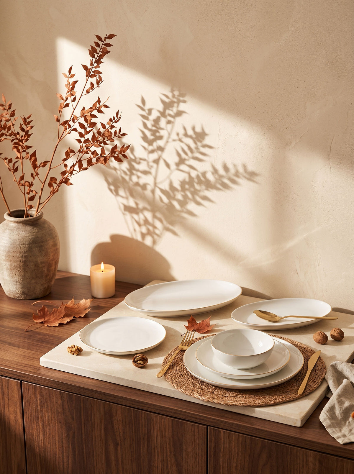 Service de vaisselle Élégance, sur une table d'automne dressée – Maison Azuria [AH]