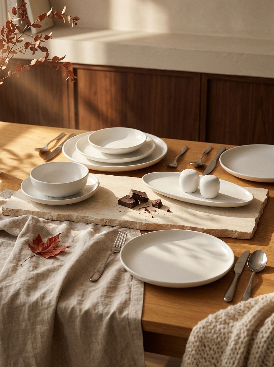 Service de vaisselle Happiness, 27 pièces, ambiance d'automne, lumière chaude – Maison Azuria