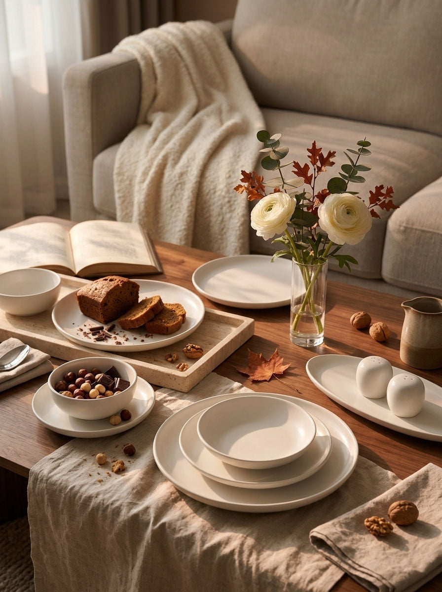 Service de vaisselle Happiness, 27 pièces, sur une table d'automne dressée – Maison Azuria [AH]