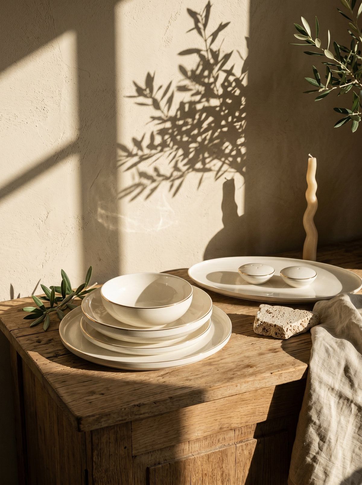 Service à vaisselle Anna 27 pièces en porcelaine liseré doré, mise en scène sur une table dressée – Maison Azuria