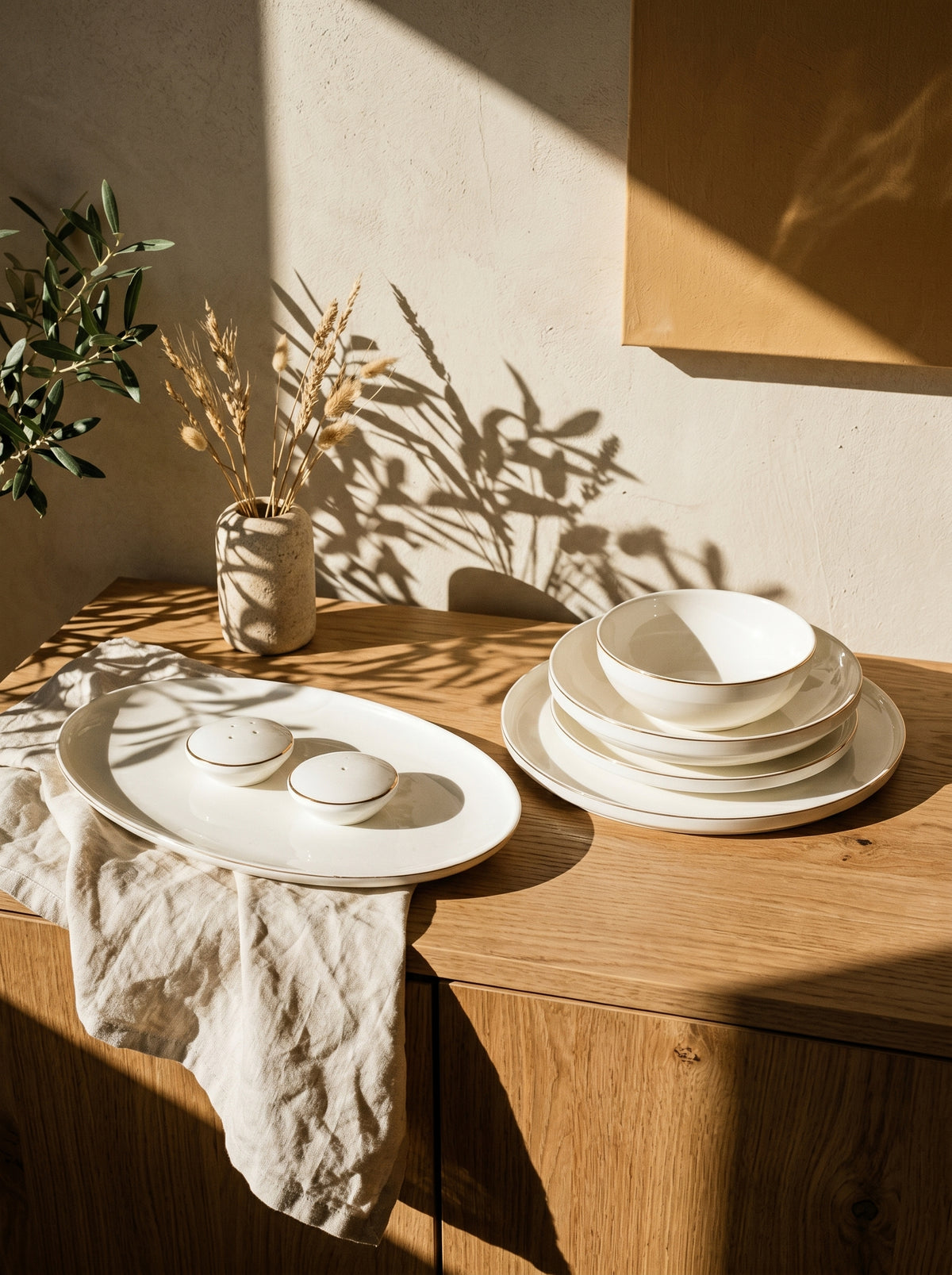 Service à vaisselle Anna 27 pièces en porcelaine liseré doré, en situation, lumière naturelle – Maison Azuria