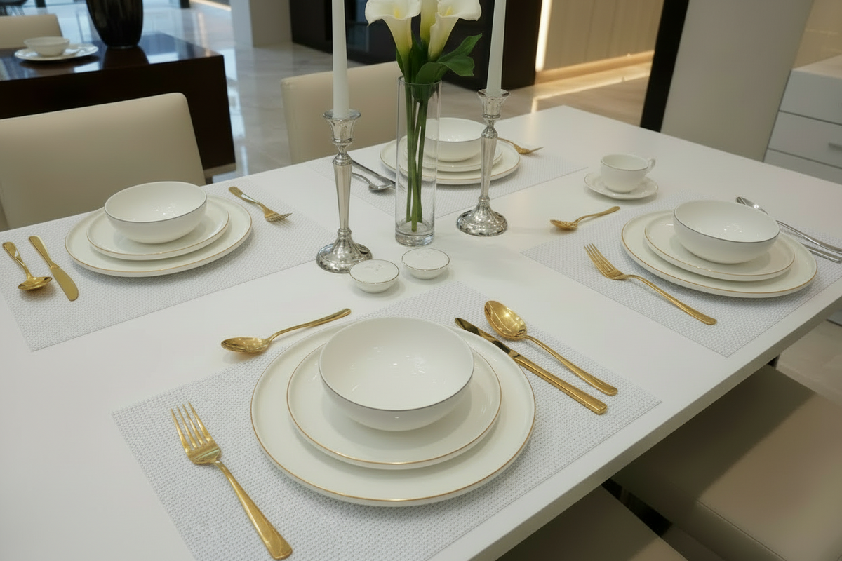 Service à vaisselle Anna 27 pièces en porcelaine liseré doré, vue 3 – Maison Azuria