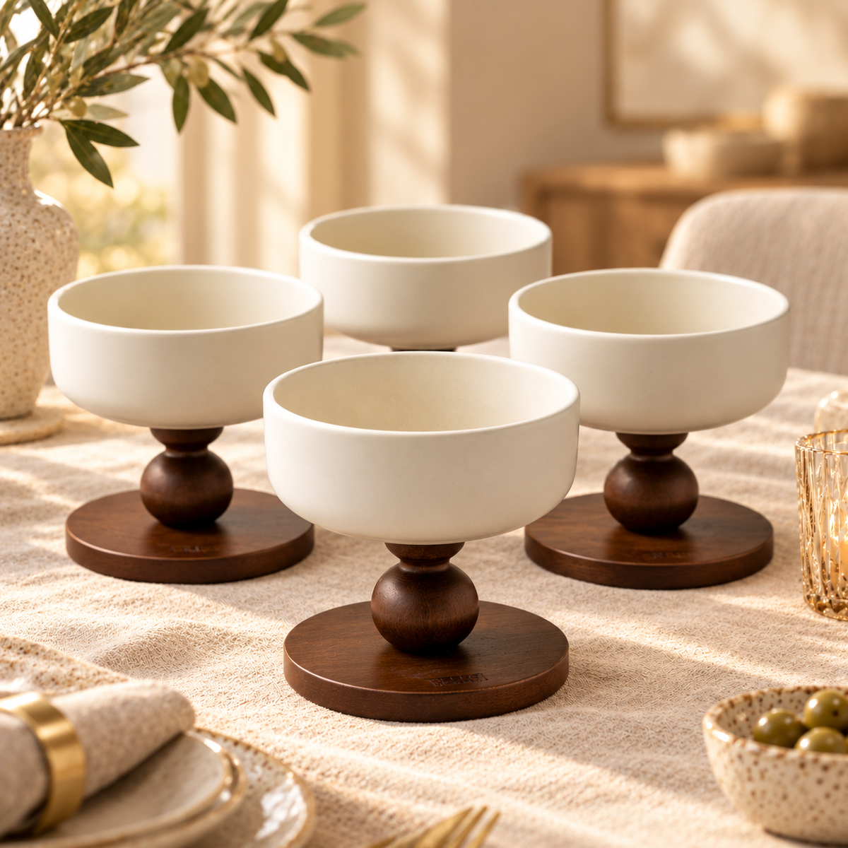 Set de 4 bols Sora avec pied en bois d’acacia, vue 2 – Maison Azuria