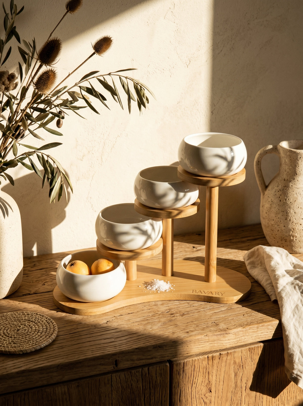 Set de bols apéritif Chubby avec support en bambou, ambiance art de la table – Maison Azuria