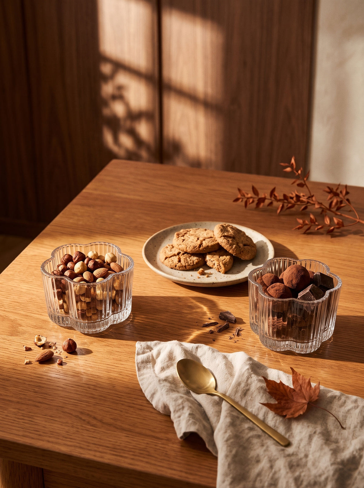 Set de 6 bols apéritif Clover en forme de fleur, sur une table d'automne dressée – Maison Azuria [AH]