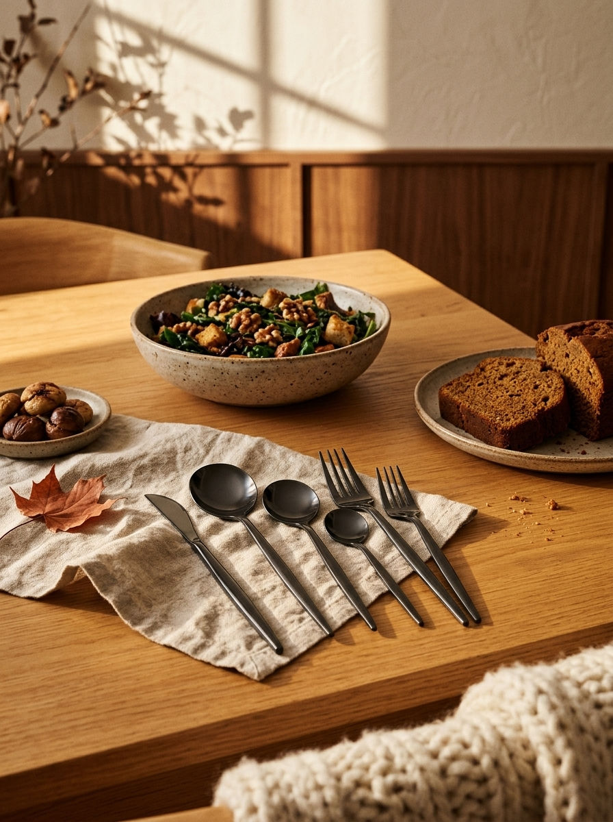 Set Complets de Couverts, Ménagère 36 pièces, Inox Anthracite, sur une table d'automne dressée – Maison Azuria [AH]