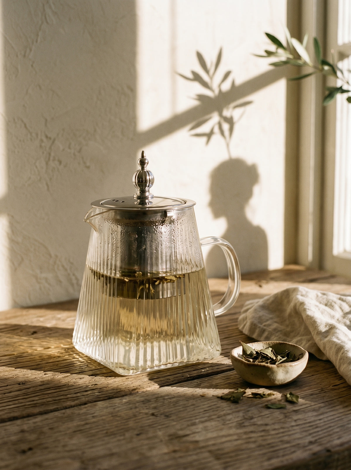 Théière argentée, 450 ml, mise en scène sur une table dressée – Maison Azuria