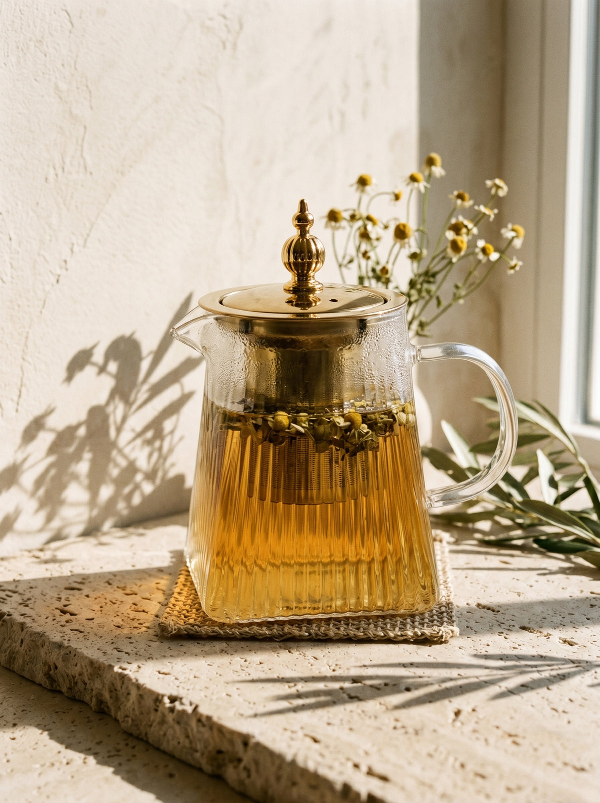 Théière dorée, 450 ml, mise en scène sur une table dressée – Maison Azuria