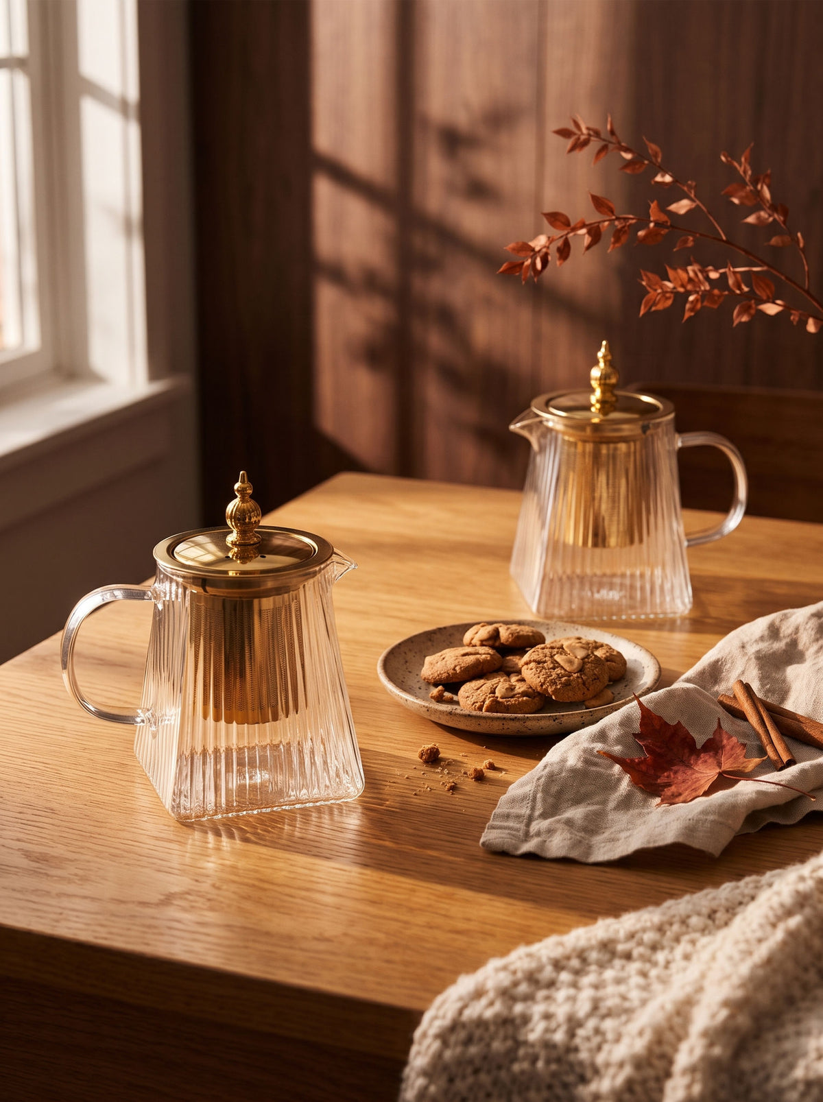Théière dorée, 450 ml, sur une table d'automne dressée – Maison Azuria [AH]