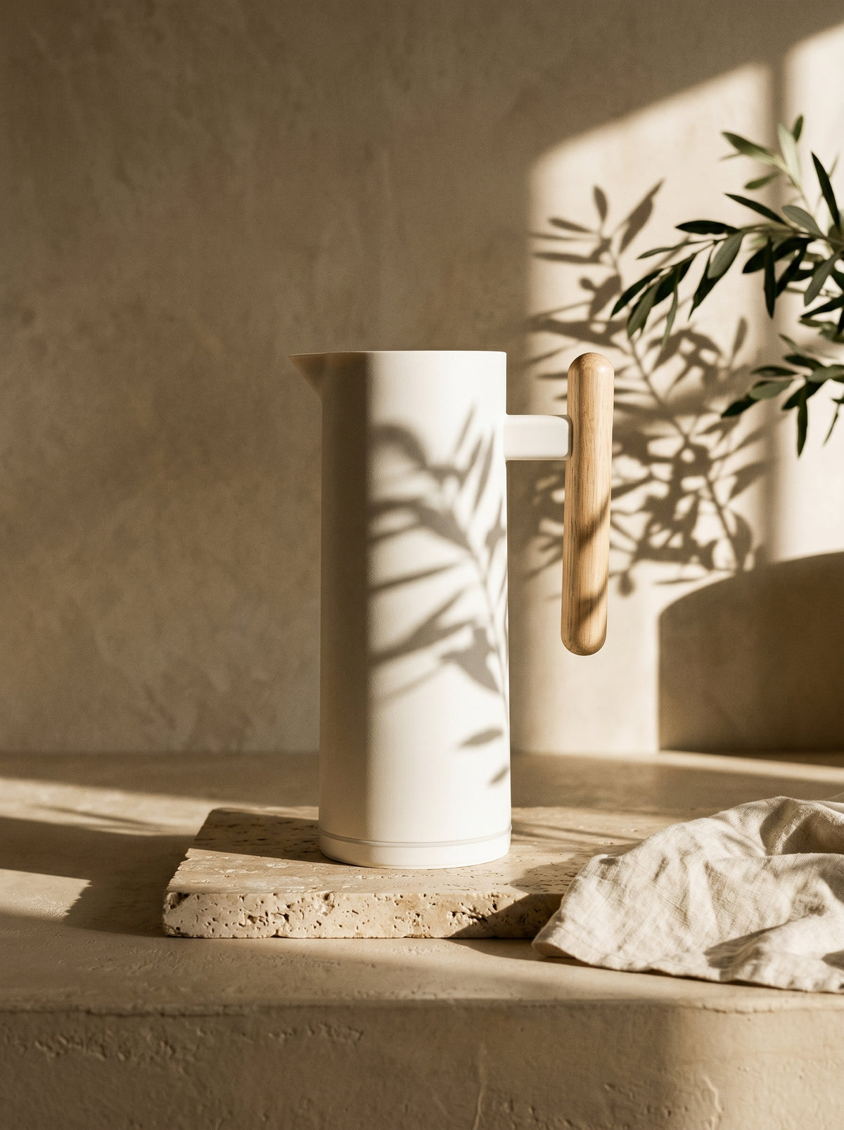 Thermos Blanc avec Manche en Bois, dans un décor de table sobre – Maison Azuria